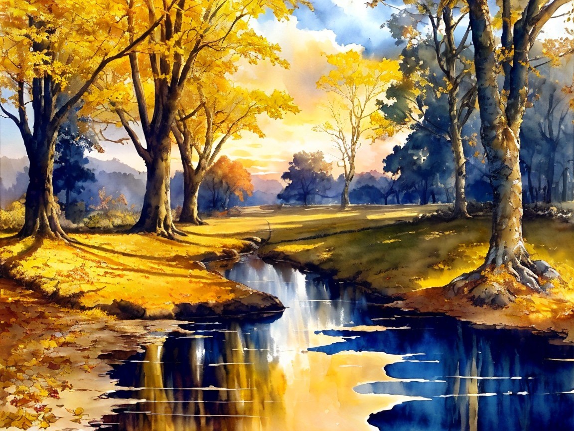 Tranquil Autumn Landscape with Stream and Sunset Colors