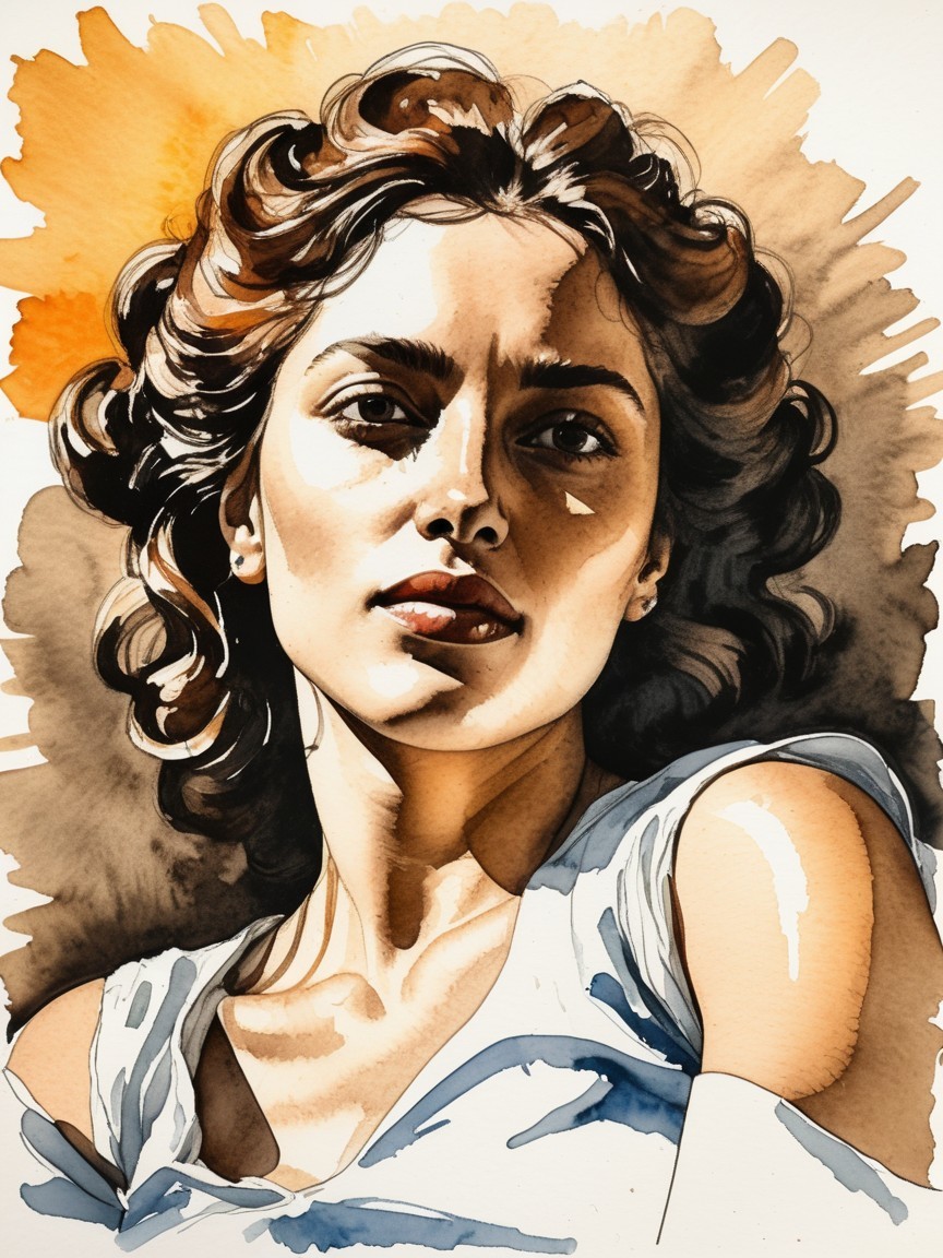 Watercolor Portrait of a Young Woman with Curly Hair