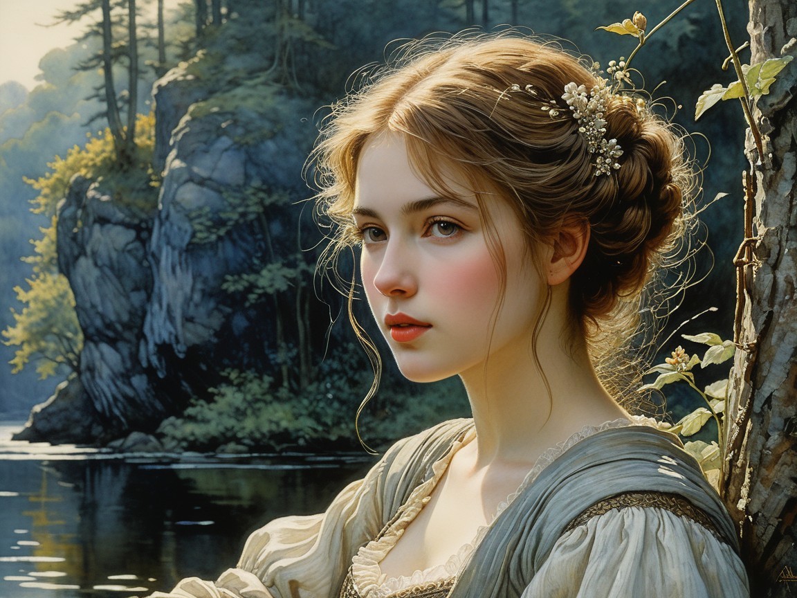 Portrait of a Young Woman by a Tranquil Riverside