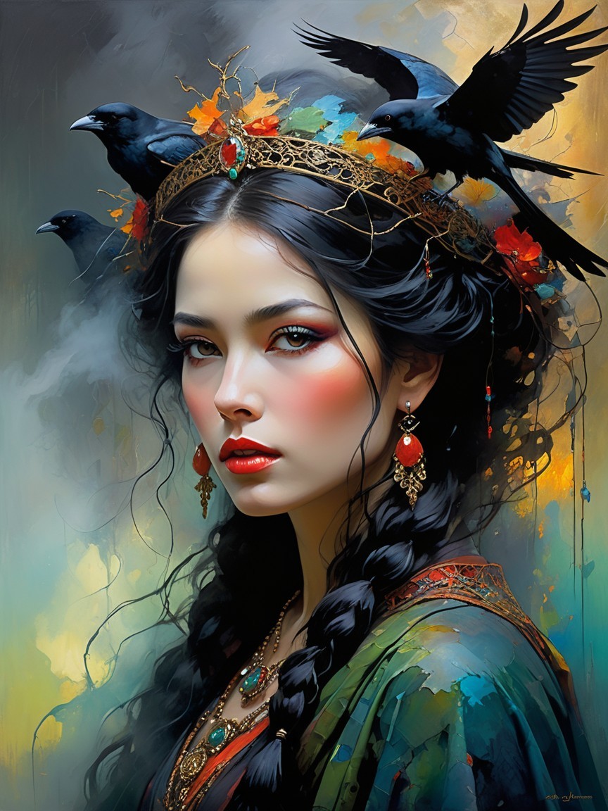 Portrait of a woman with a gold crown and crows