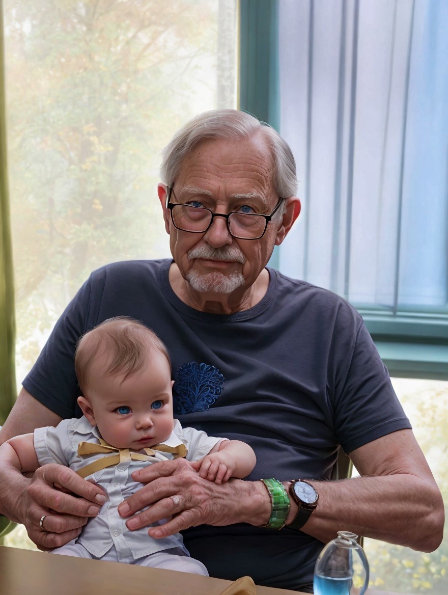 Elderly Man Holding Lifelike Baby Doll in Bright Room