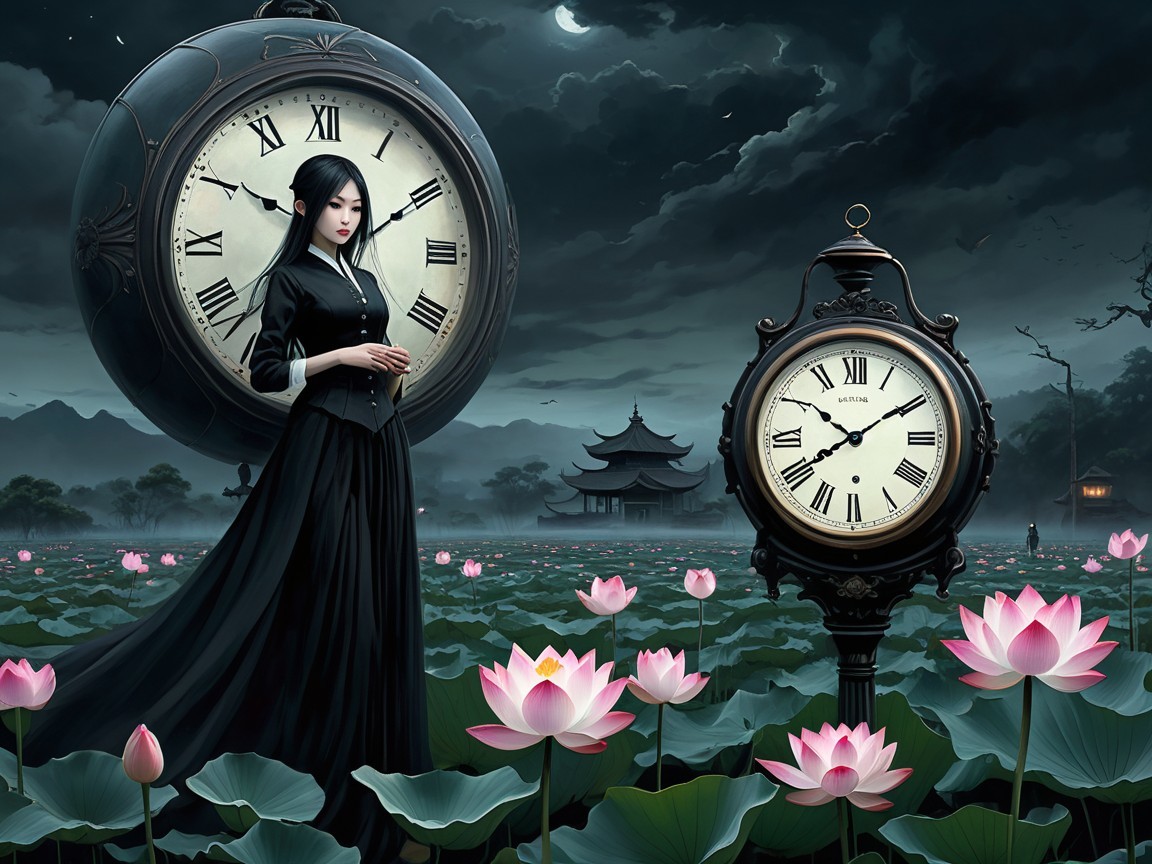 Moonlit Landscape with Woman, Lotus Flowers, and Clocks