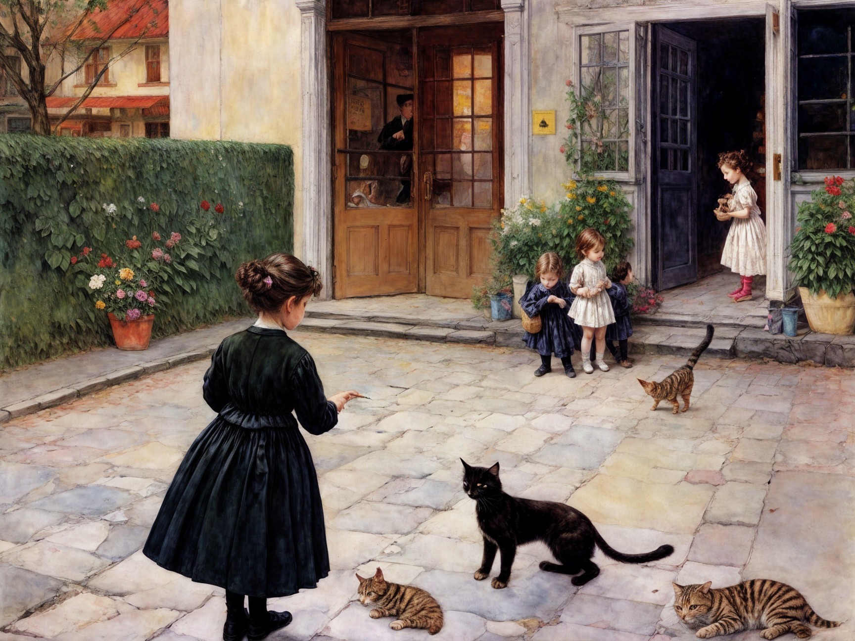 Quaint courtyard scene with children and cats