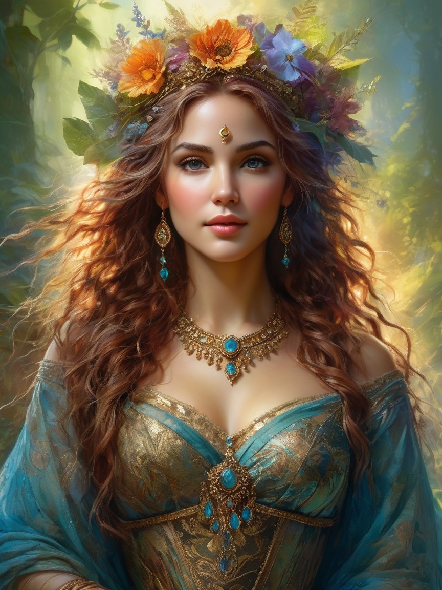 Young woman in floral crown and intricate gown