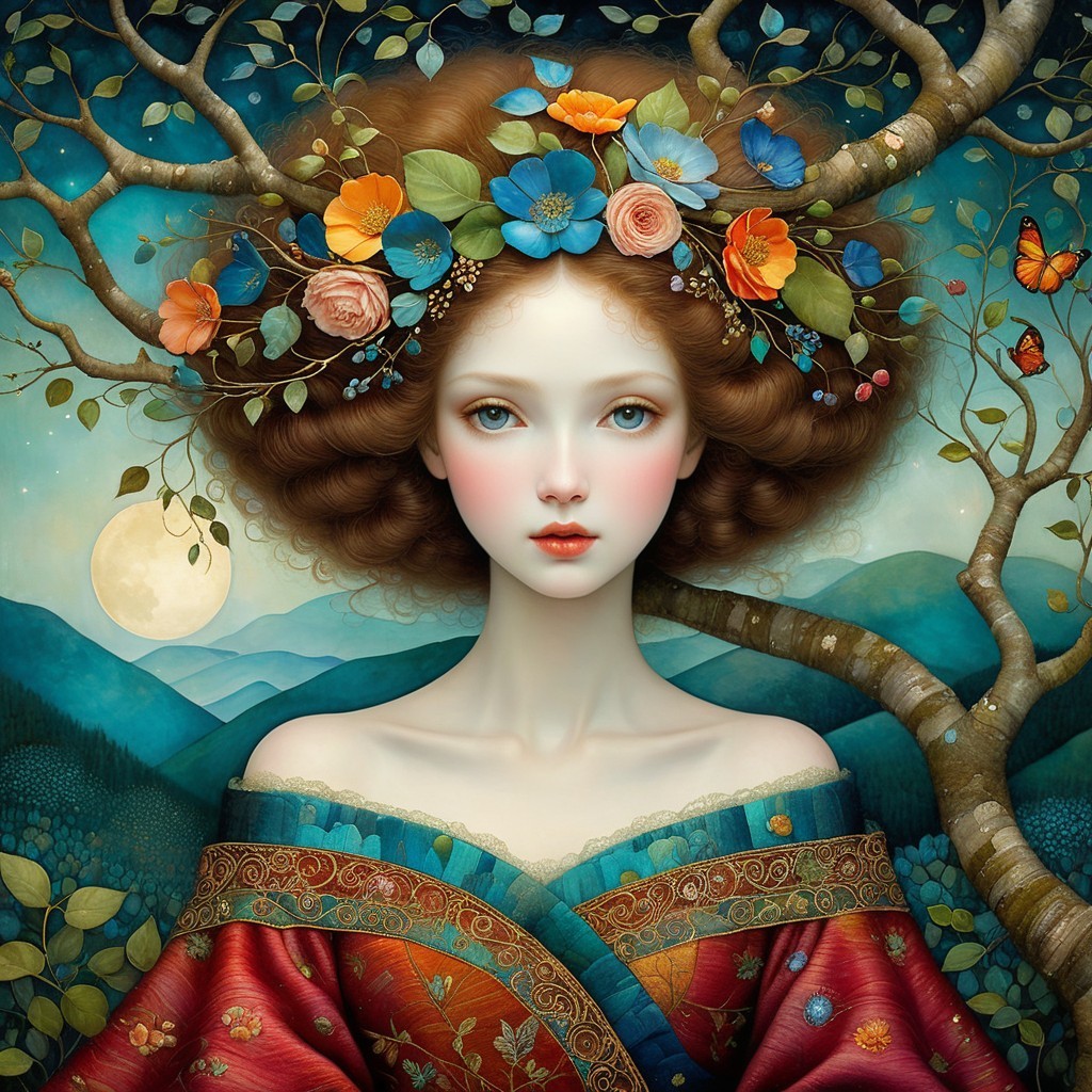 Ethereal Young Woman with Floral Crown in Dreamy Setting