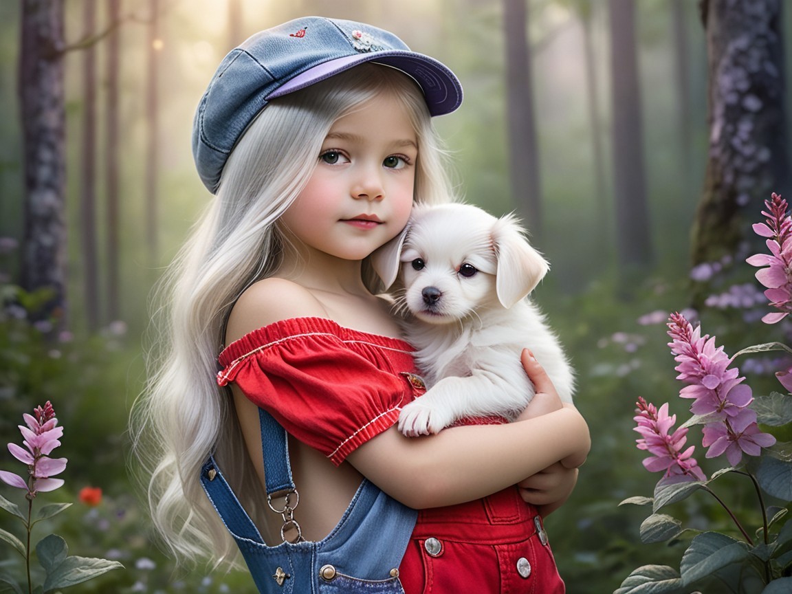 Young girl with puppy in a serene forest setting