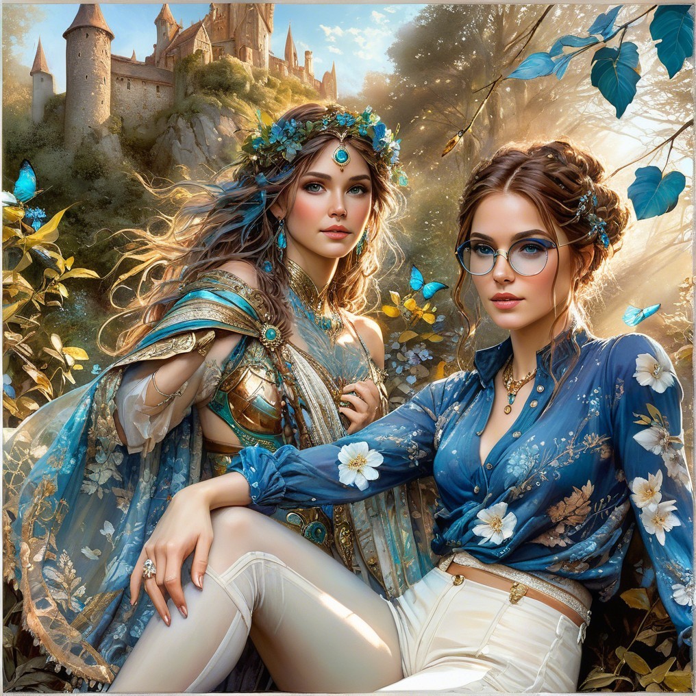 Ethereal Women in a Magical Forest with Castle