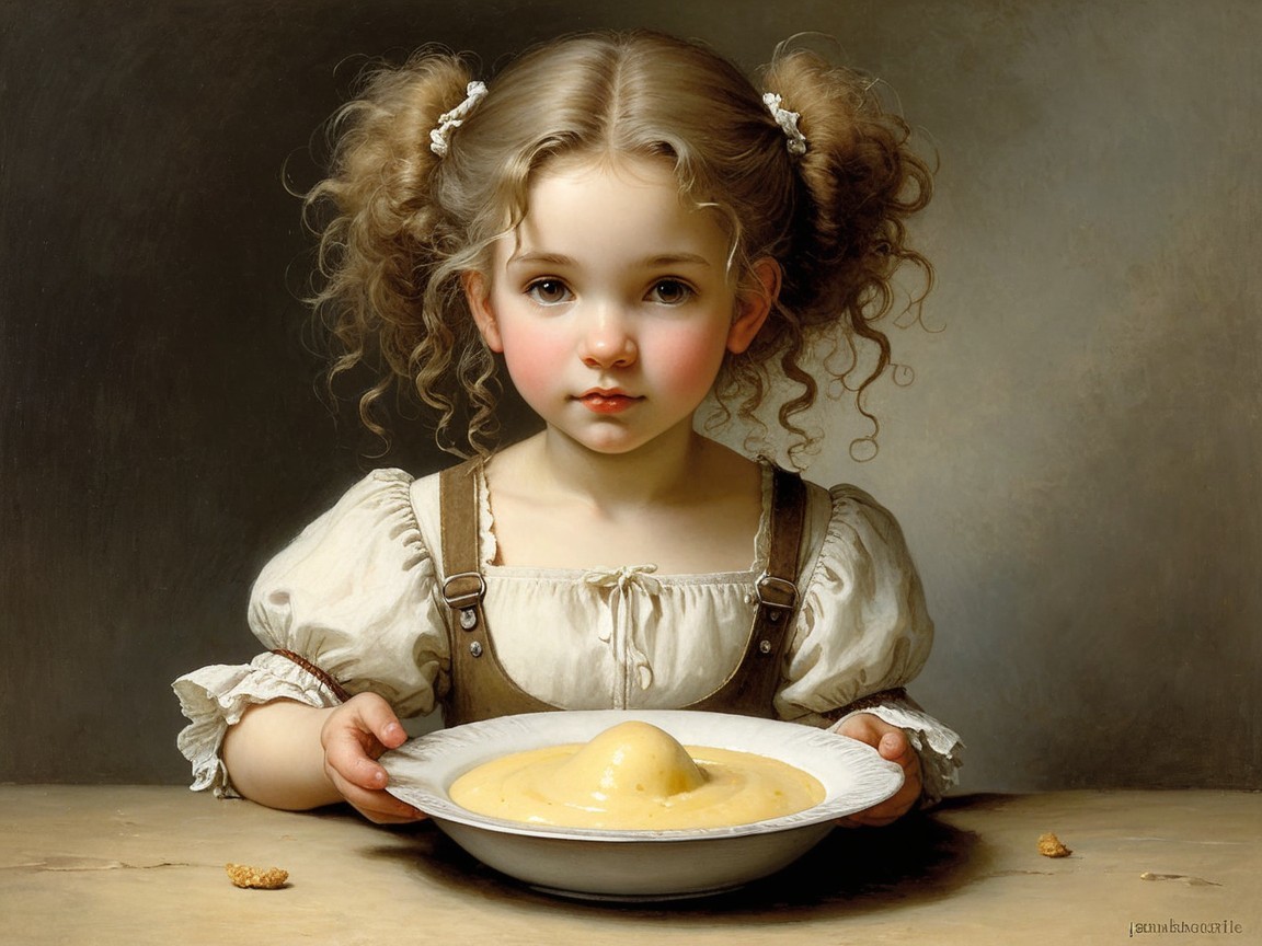 Young Girl with Curly Hair and Mashed Potatoes