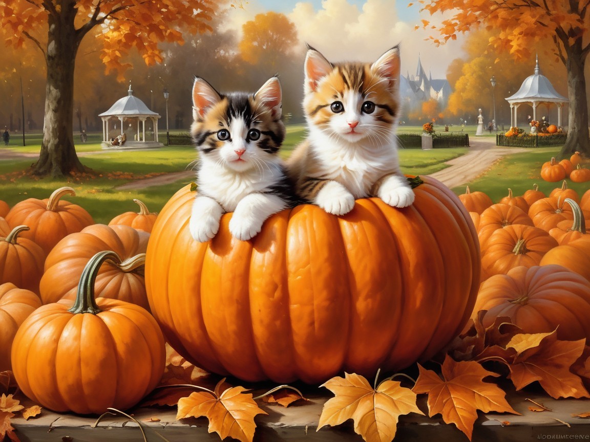 Kittens in Pumpkin Surrounded by Autumn Scenery