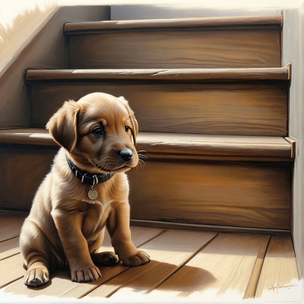 Golden puppy on wooden staircase in warm light