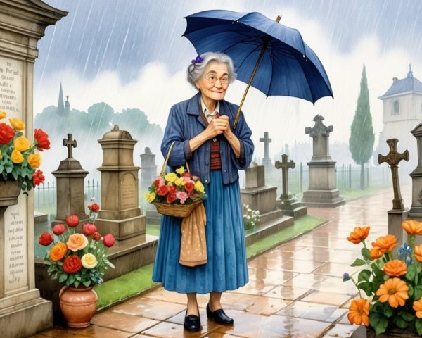 Elderly Woman with Flowers in Rainy Cemetery Scene