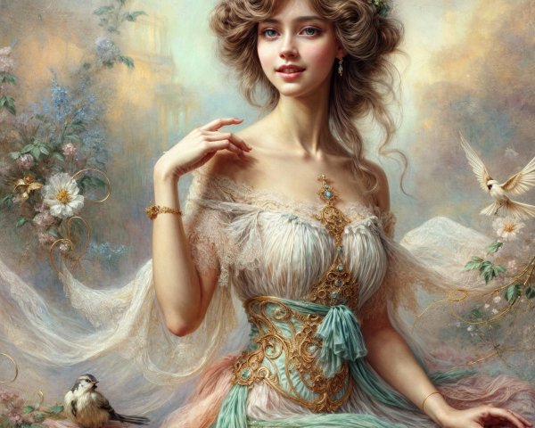 Young woman in pastel gown with floral accents
