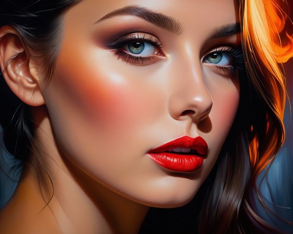 Portrait of a Young Woman with Blue Eyes and Red Lips