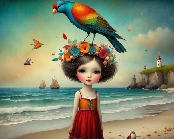 Whimsical Beach Scene with Girl and Colorful Elements