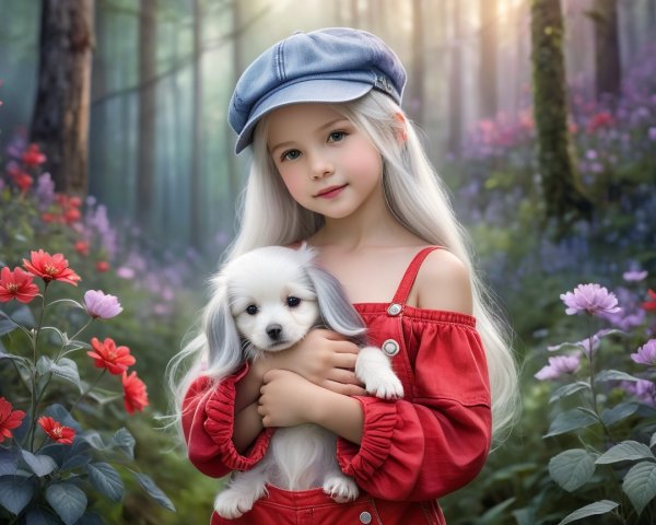 Young girl with silver hair and puppy in flower forest