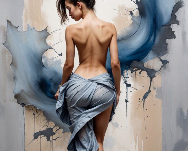 Woman in Light Blue Fabric Against Abstract Background