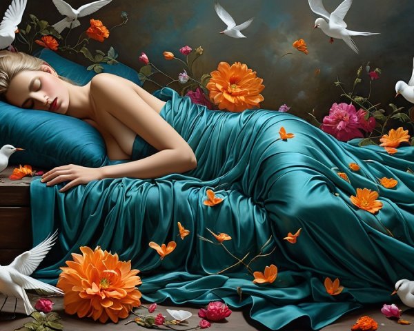 Woman Sleeping on Turquoise Silk Sheets with Flowers