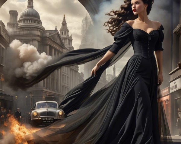 Elegant woman in black gown in bustling city scene