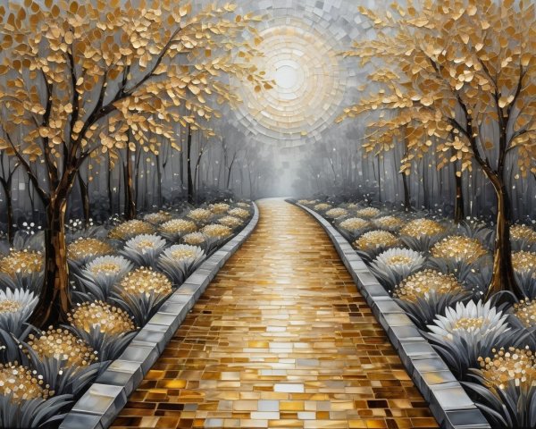 Abstract Landscape with Golden Path and Radiant Sun