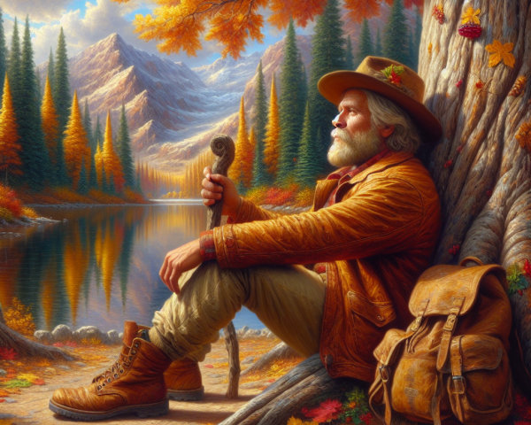 Elderly Man in Autumn Landscape by Tranquil Lake