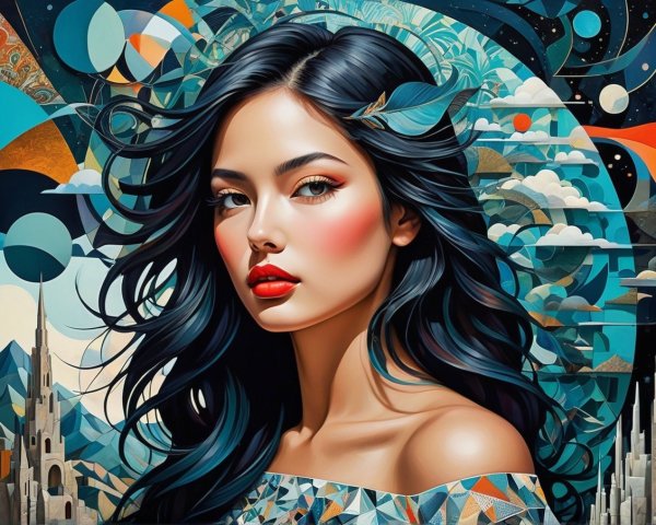 Portrait of a Young Woman with Black Hair and Red Lips