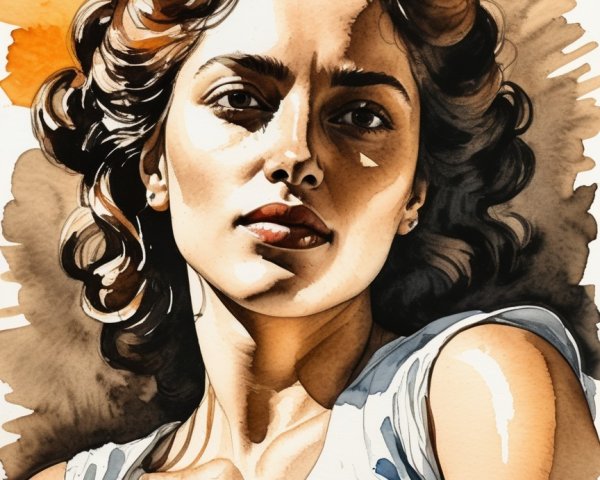 Watercolor Portrait of a Young Woman with Curly Hair