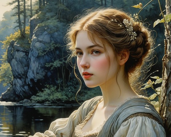 Portrait of a Young Woman by a Tranquil Riverside
