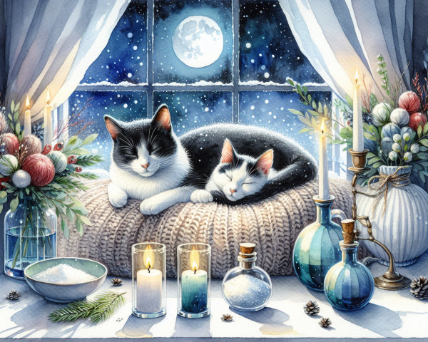 Cozy Winter Scene with Sleeping Cats and Moonlight