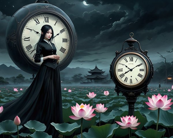 Moonlit Landscape with Woman, Lotus Flowers, and Clocks