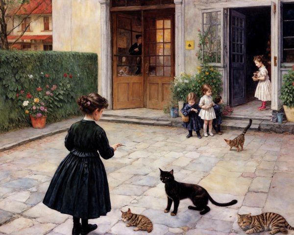 Quaint courtyard scene with children and cats