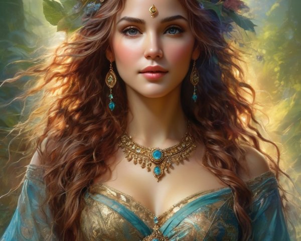 Young woman in floral crown and intricate gown