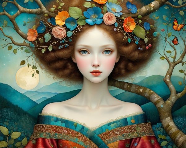 Ethereal Young Woman with Floral Crown in Dreamy Setting