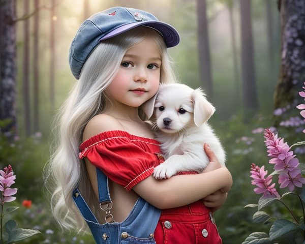 Young girl with puppy in a serene forest setting