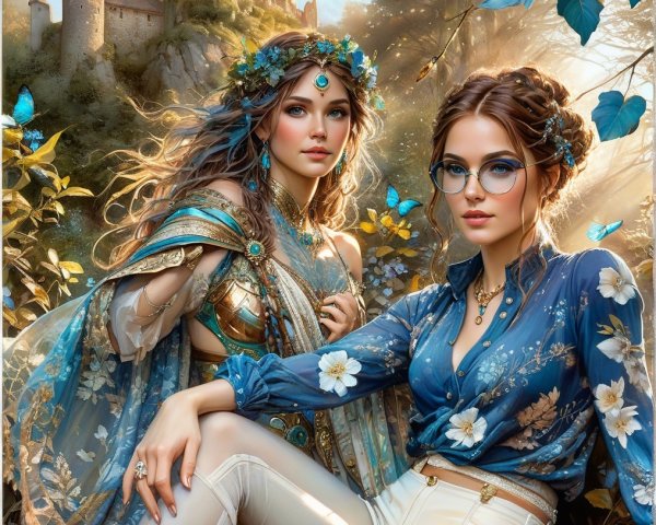 Ethereal Women in a Magical Forest with Castle