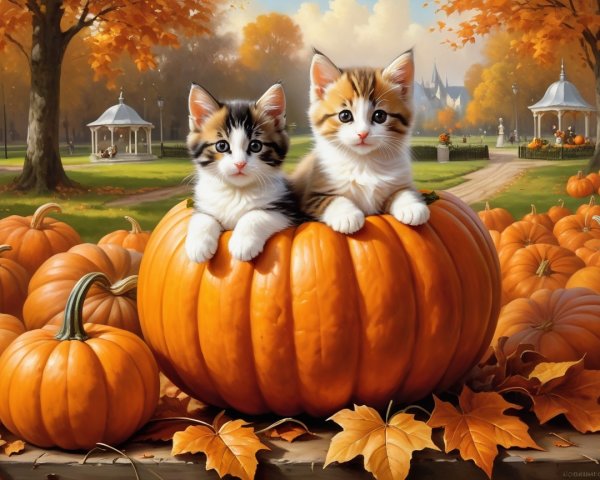 Kittens in Pumpkin Surrounded by Autumn Scenery
