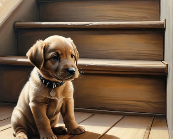 Golden puppy on wooden staircase in warm light