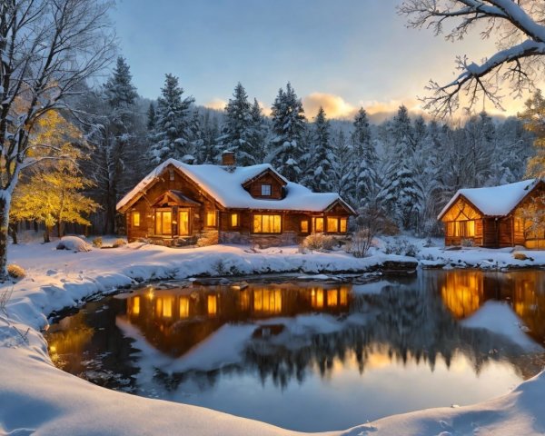 Cozy Wooden Cabin in a Tranquil Winter Landscape