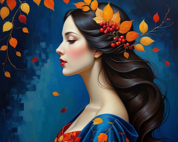 Profile of a Woman with Autumn Leaves and Berries