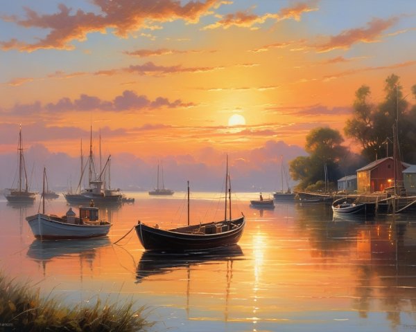 Serene Sunset Over Tranquil Harbor with Colorful Boats