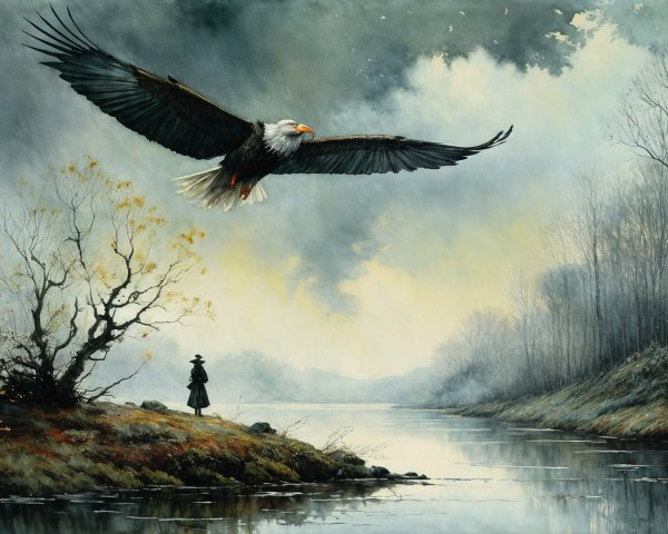 Eagle Soaring Over Tranquil River Landscape