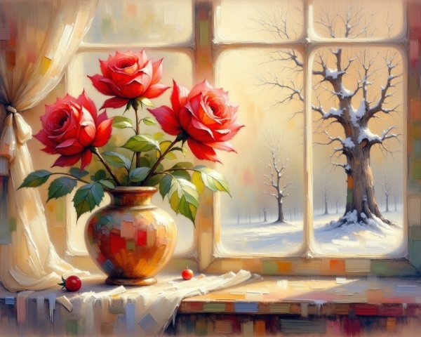 Winter Landscape with Window and Floral Arrangement