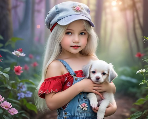 Young girl with puppy in a flower-filled forest