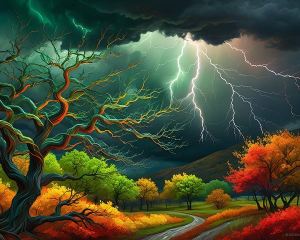 Twisted Tree and Vibrant Autumn Landscape Under Storm