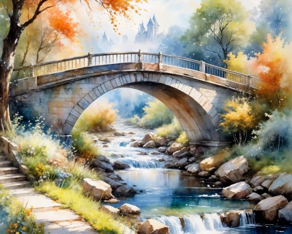Serene Landscape with Stone Bridge and Autumn Foliage