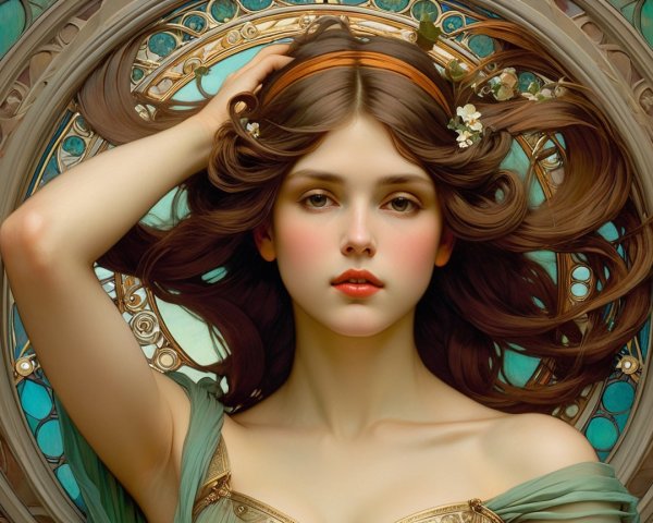 Young Woman with Flowers and Golden Headband