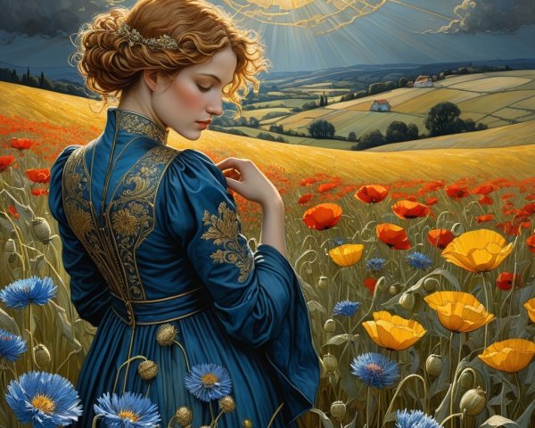 Young Woman in Ornate Gown in Flower Field