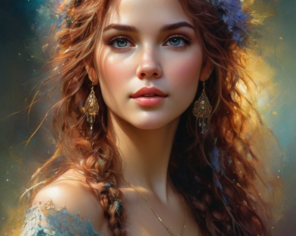 Young woman in blue gown with flowers and glow