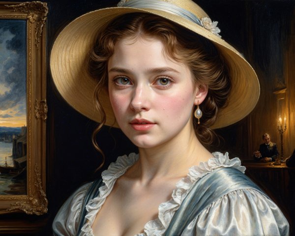Young Woman in Stylish Hat and Ruffled Dress
