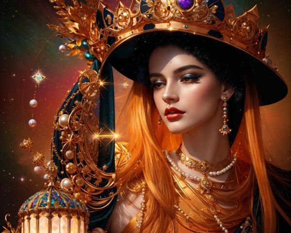 Regal Figure in Golden Attire Against Cosmic Background