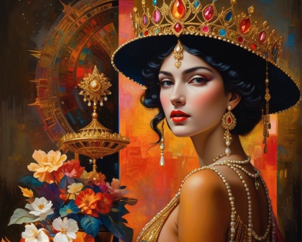 Regal Woman with Crown and Vibrant Floral Background